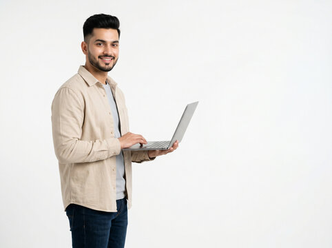 premium indian male student using laptop for education startup internship and modern university lifestyle concept