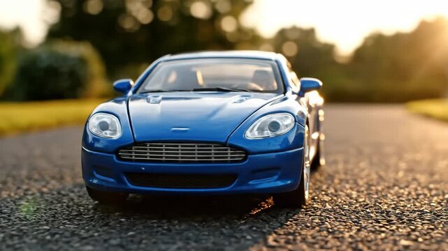 Shiny blue toy car on white surface, playful product shot for kids retail, collectible design and transportation concepts, glossy finish, clean isolated composition, soft studio light, realistic