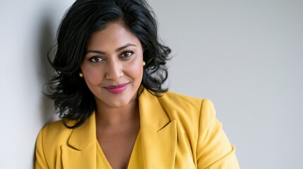 Fototapeta premium Butter Yellow Blazer Middle Aged South Asian Plus Size Woman Clean