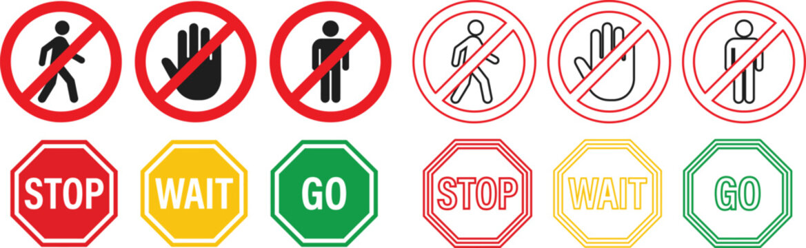 Traffic and road signs with stop wait go and no entry symbols