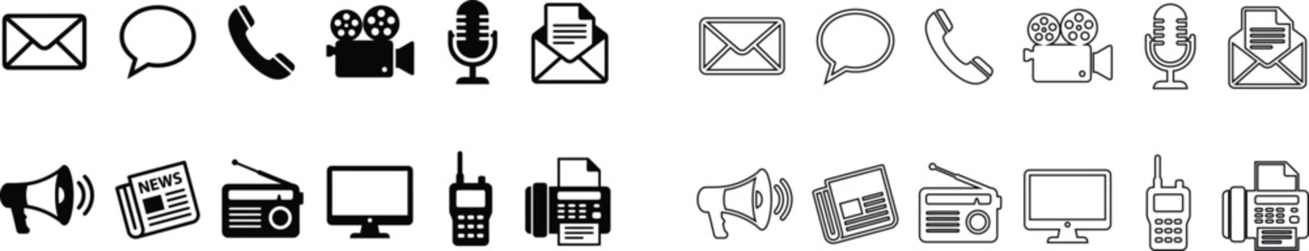 Collection of communication and media icons in black and white