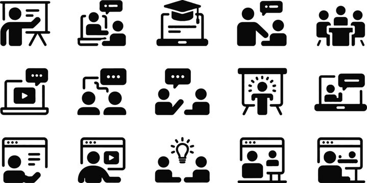 Collection of flat design education and technology icons isolated on transparent background