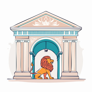 Lion Sitting in Classical Building Archway