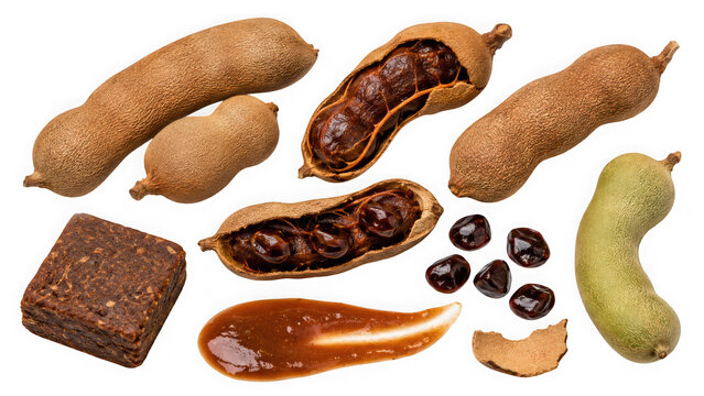Fresh and processed tamarind fruits isolated on with tamarind, tropical isolated on transparent background