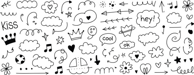 Fototapeta premium A collection of handdrawn doodle elements including clouds hearts arrows and speech bubbles