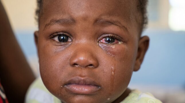 Close-up portrait of a sad African American baby suffering from severe conjunctivitis (pink eye) with redness, swelling, and tear discharge