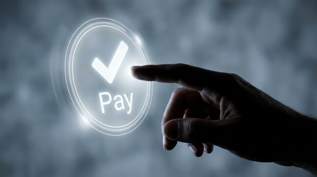 Closeup of hand pressing glowing pay button with checkmark icon, representing secure online payment and digital transaction