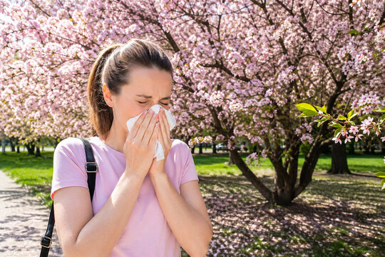 Woman blowing nose into tissue in spring park. Girl suffering from seasonal allergy during spring flowering. Pollen reaction and health problem in nature with blooming cherry tree.