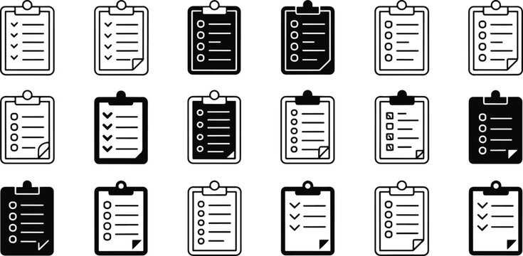 Set of eighteen hand drawn checklists and blank notepads with checkboxes isolated on transparent background