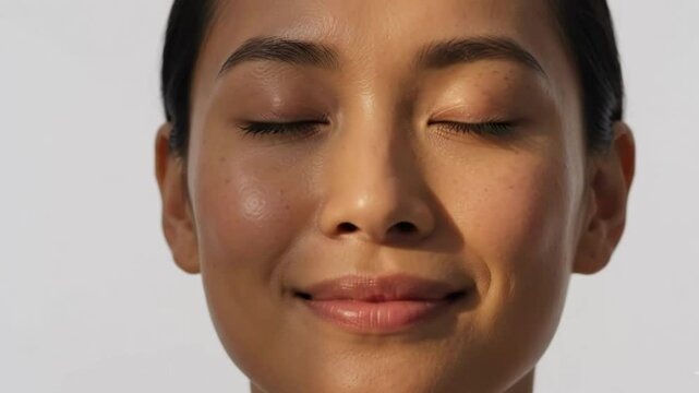 Close up of a woman's face with eyes closed, showcasing healthy glowing skin