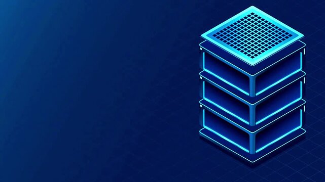 Data server tower processing information with glowing blue lights on an isometric grid.