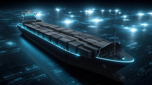 Futuristic cargo ship digital rendering, high fidelity container vessel glowing lines, technology, maritime transport innovation