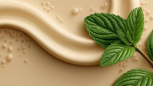Refreshing Mint Leaves Against Creamy Swirls and Bubbles