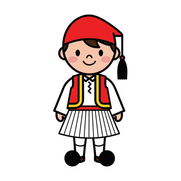 Cartoon Greek Boy Wearing Traditional Evzone Costume.