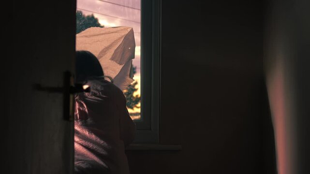Woman looking through window through view of door