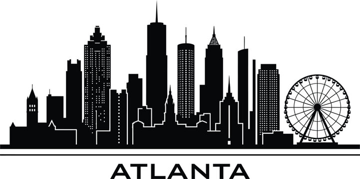 Atlanta skyline silhouette with skyview ferris wheel and city name graphic