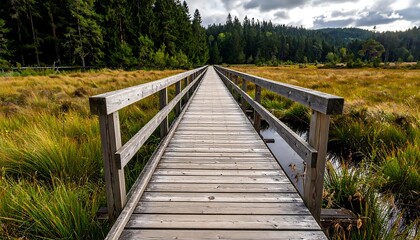 Obraz premium Long Wooden Boardwalk Stretching Through Golden Marshland Near Dense Evergreen Forest