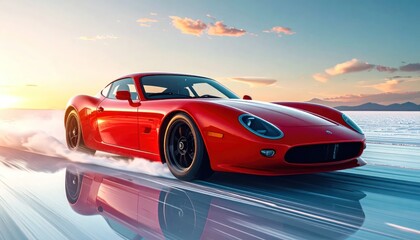 Fototapeta premium Red Sports Car Speeding Across Reflective Salt Flat at Sunset