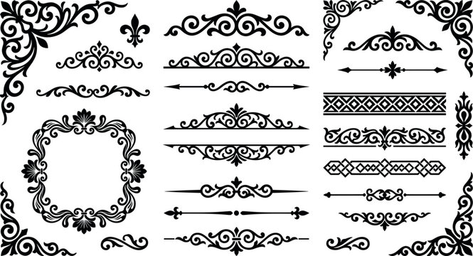 Ornate vintage decorative borders and corner elements in black on transparent.