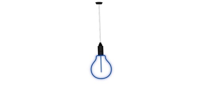 Neon glowing light bulb hanging from cable with swinging pendulum motion and rainbow color cycle animation loop on transparent background for video overlay 4K