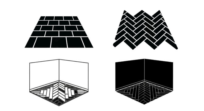 Minimal black silhouette icon, simple flat vector, bold black shape, no, no shading set of various floor tile patterns including herringbone and rectangular layouts on a, flat icon style