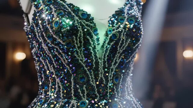 An exquisite gown adorned with sparkling sequins captivates onlookers, radiating vibrant hues of blue, pink, green, and gold under dazzling spotlight.