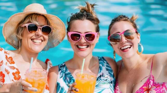 Vibrant image of three women in swimwear and sunglasses sharing laughter and refreshing beverages at a poolside celeb n under the summer sun