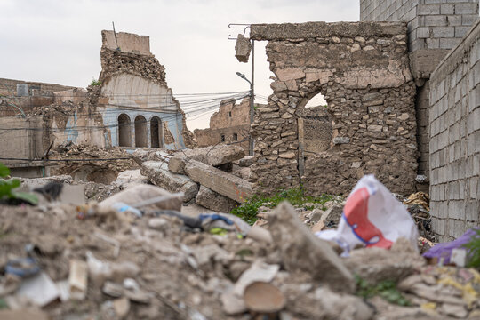 The ruins of the city after the war in Mosul, old city district, Iraq