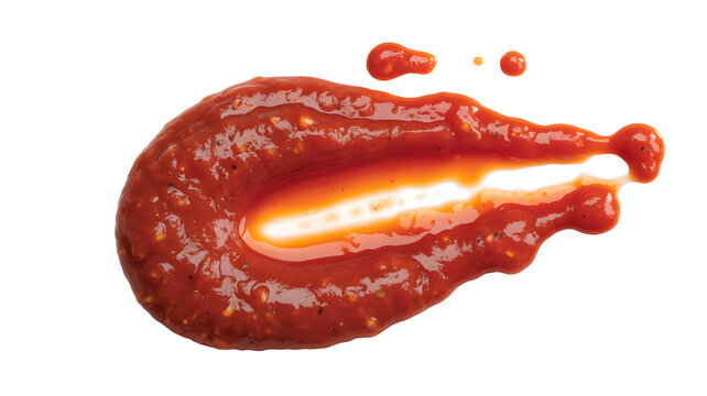 Red ketchup sauce splatter on white background close up photography appetizing condiment for food and drink concepts