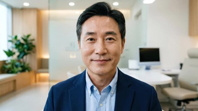 Mature Korean man after skin lifting treatment, confident anti-aging result portrait with refreshed appearance, smooth skin and calm clinic wellness concept for aesthetic medicine and facial