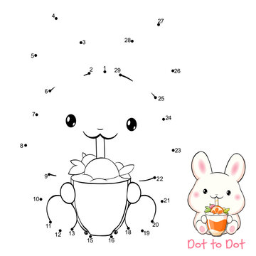Connect The Dots and Draw Cute little bunny with smoothie. Dot to dot puzzle - baby rabbit. Educational Game for Kids. Drawing for Preschool children. Vector Illustration EPS8