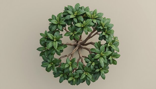 Top view of a ficus plant tree with lush green leaves and a sturdy brown trunk, set against a neutral background, with the tree's branches and leaves sprawling outwards in a symmetrical pattern, the l