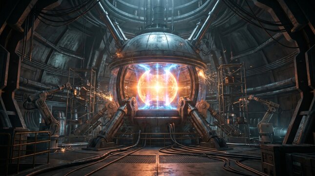 A powerful fusion reactor with a glowing energy core sparking inside a dark, futuristic industrial facility. Concept of clean, sustainable energy.