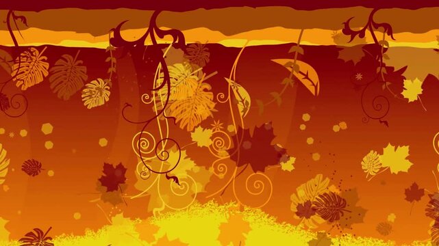 Autumn Themed Decorative Pattern with Fallen Leaves and Swirling Vines Design