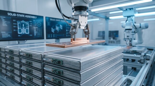 Robotic arm precisely assembling a component onto solid-state battery cells in a high-tech clean room environment. Monitors display assembly schematics.
