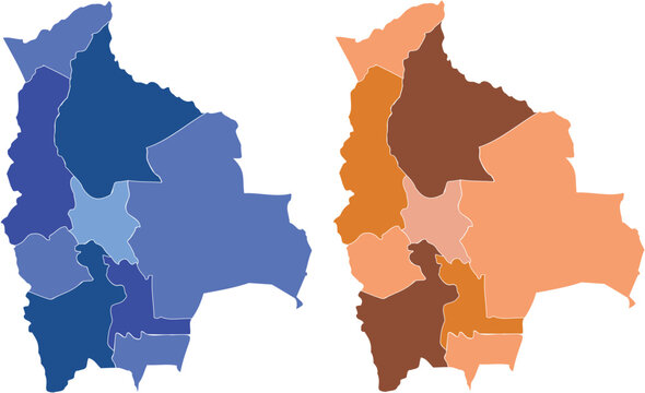 Bolivia Political Map with Departments Shown in Blue and Brown Color Gradients, South America