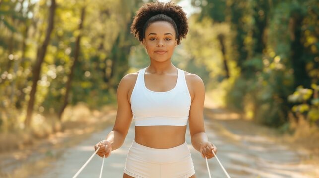 A fit young Black woman with an afro hairstyle holds a jump rope on a sunny park path embodying health and an active lifestyle