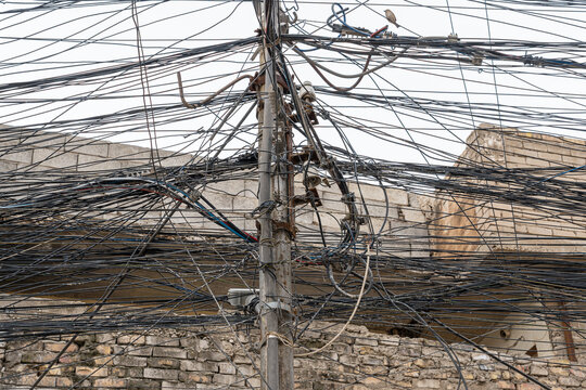 Massive Tangle of cables and wires in the city of old Mosul, Iraq