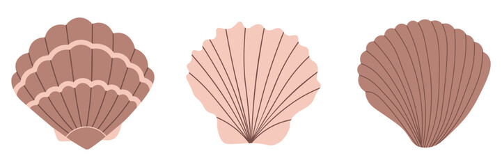Set of three minimalist scallop seashell icons in earthy beige and brown tones. Collection of nautical pecten symbols with radial ribs for summer branding or coastal decor © Iryna