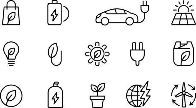 Collection of flat design vector icons representing everyday life and sustainability concepts
