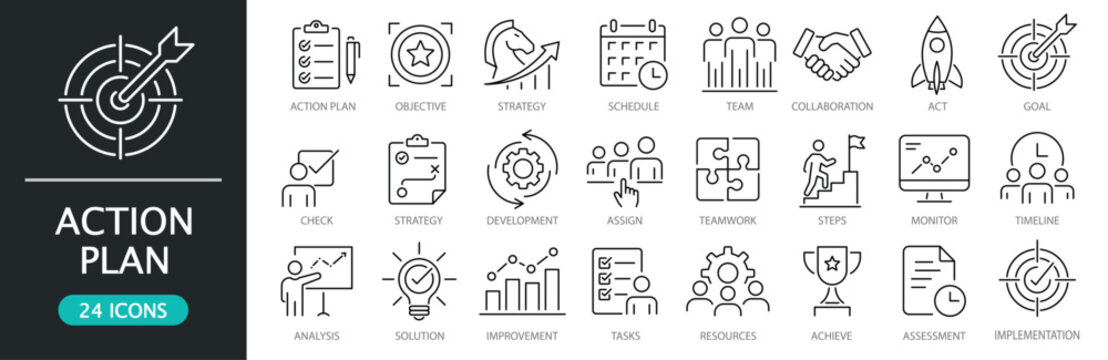 Action plan line icon set. Editable Stroke. Business strategy symbols for goals, teamwork and management. Action plan, strategy, goal, objective, team, task, schedule, solution, success