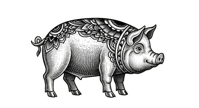 Ornate pig engraving with floral patterns on white background