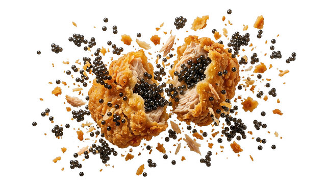 Crispy chicken explosion with black spheres on transparent background