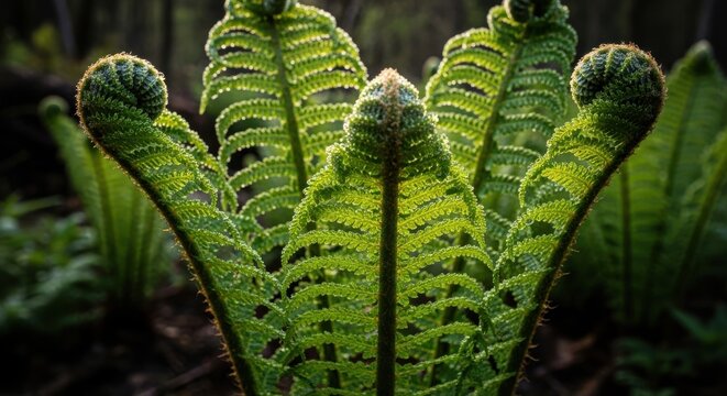 Dew-Covered Fern Fronds Unfurling in Natural Sunlight