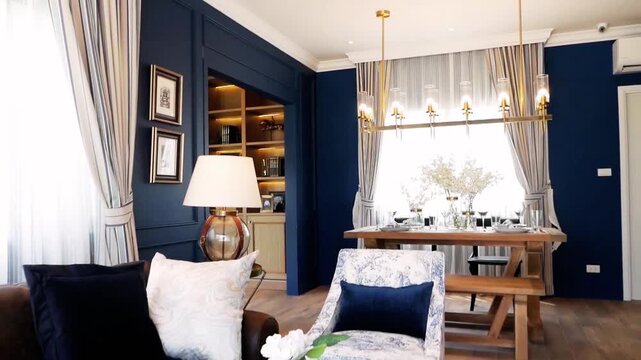 Elegant Modern Dining Room with Blue Accent Walls and Wooden Furniture