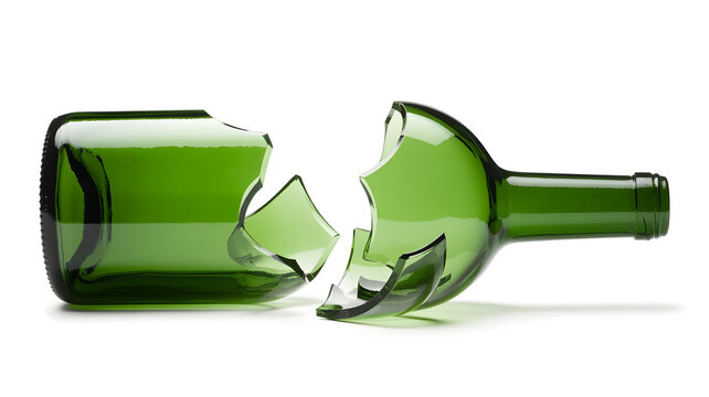 Broken green glass wine bottle on white background shattered pieces lying apart
