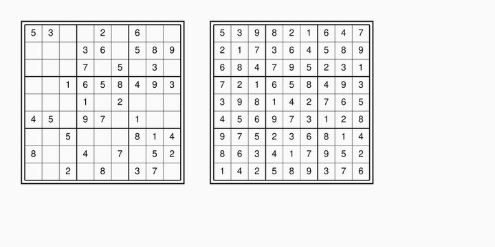 Double sudoku puzzle grid with unsolved and solved versions side by side for brain training activities, logic games, and leisure concept
