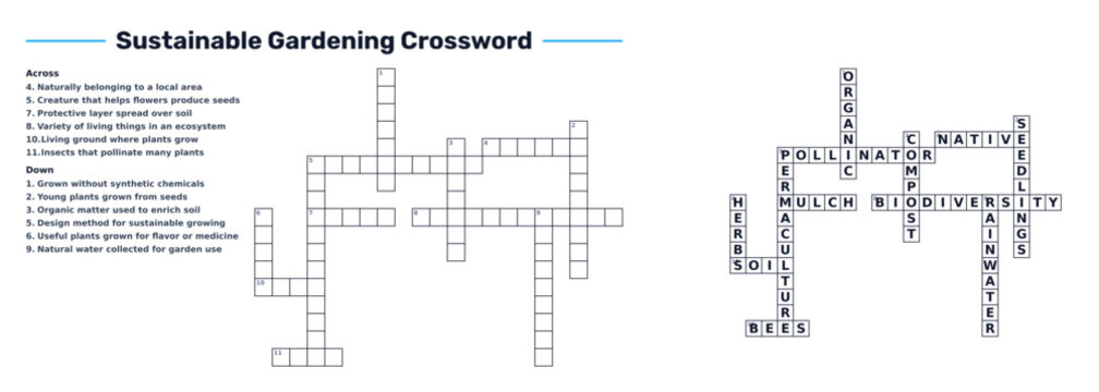 Sustainable gardening crossword puzzle with unsolved and solved versions for environmental education, green worksheets, and eco awareness