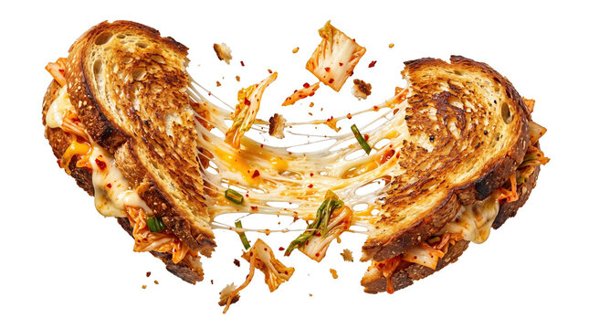 Heart-shaped grilled cheese with kimchi and melting cheese explosion on transparent background