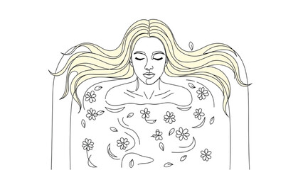 Woman with long hair enjoys flowers in 2D CAD Vector illustration © Stock Image Paradise